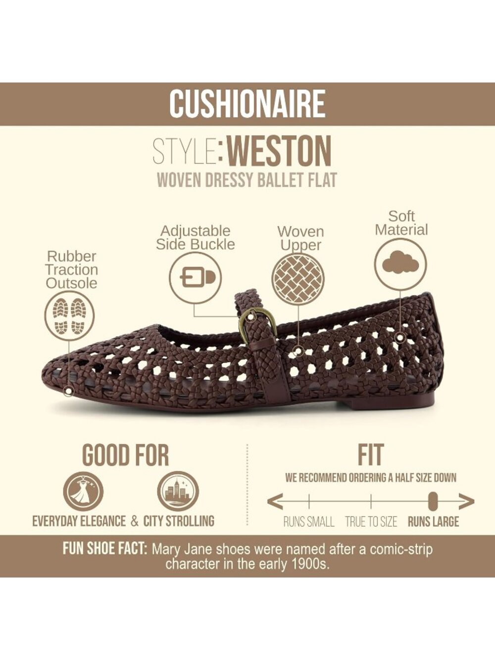 Women's Brown Woven Comfortable Braided Adjustable Buckle Mary Jane Ballet Flats - Picture 4 of 6